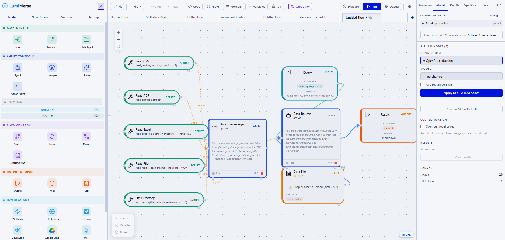 The QMerse visual reasoning canvas — agents wired from data sources through reasoning to a validated result